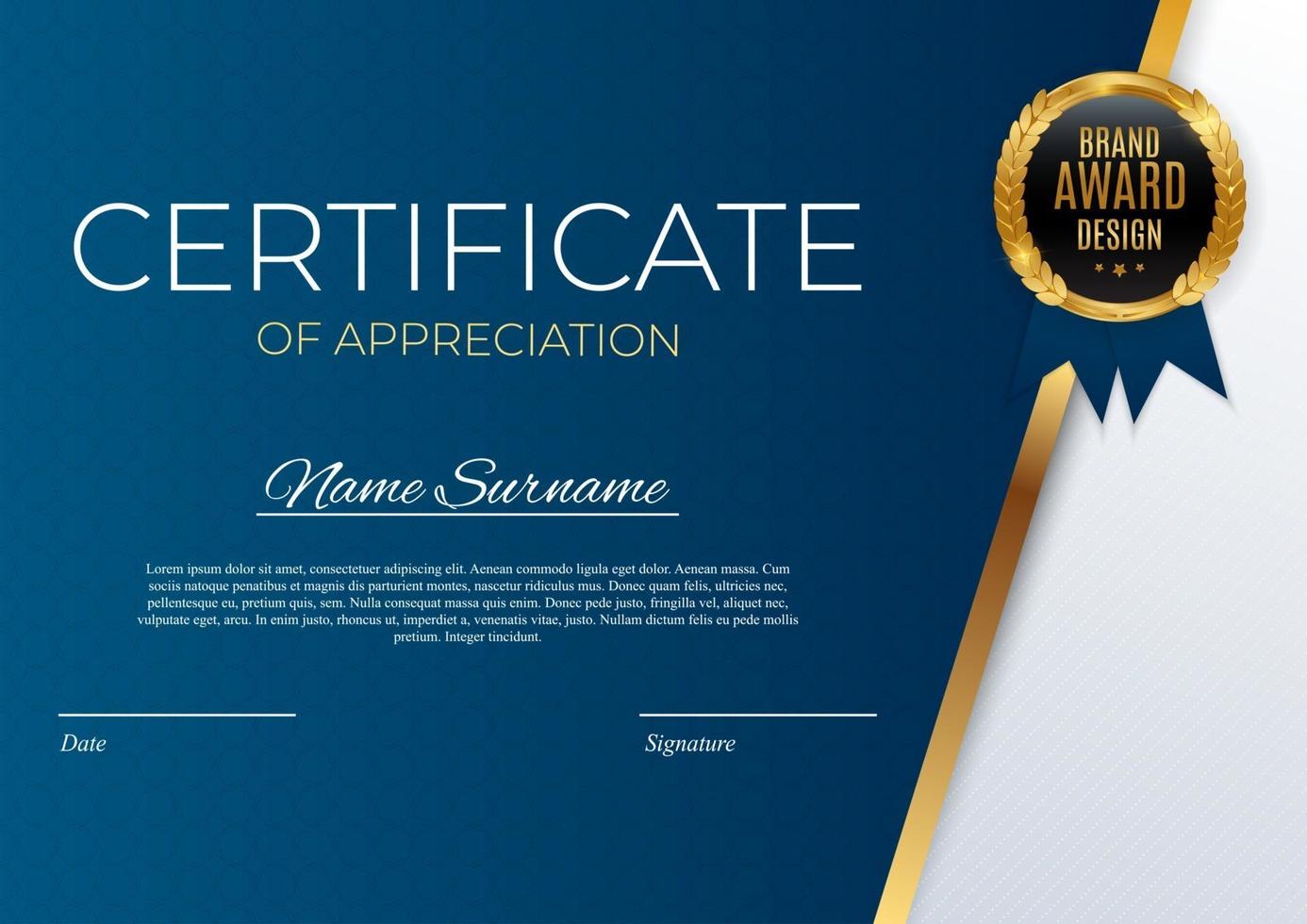 Blue and gold Certificate of achievement template Background with gold badge and border Award diploma design blank vector