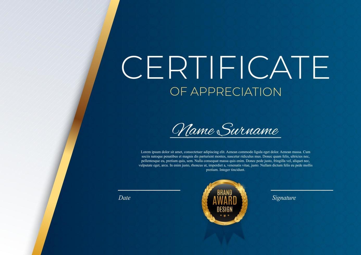 Blue and gold Certificate of achievement template Background with gold badge and border Award diploma design blank vector