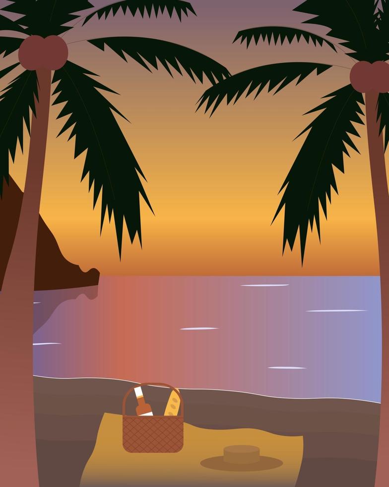 Picnic at the beach by the sea under palm trees during sunset Concept vector illustration