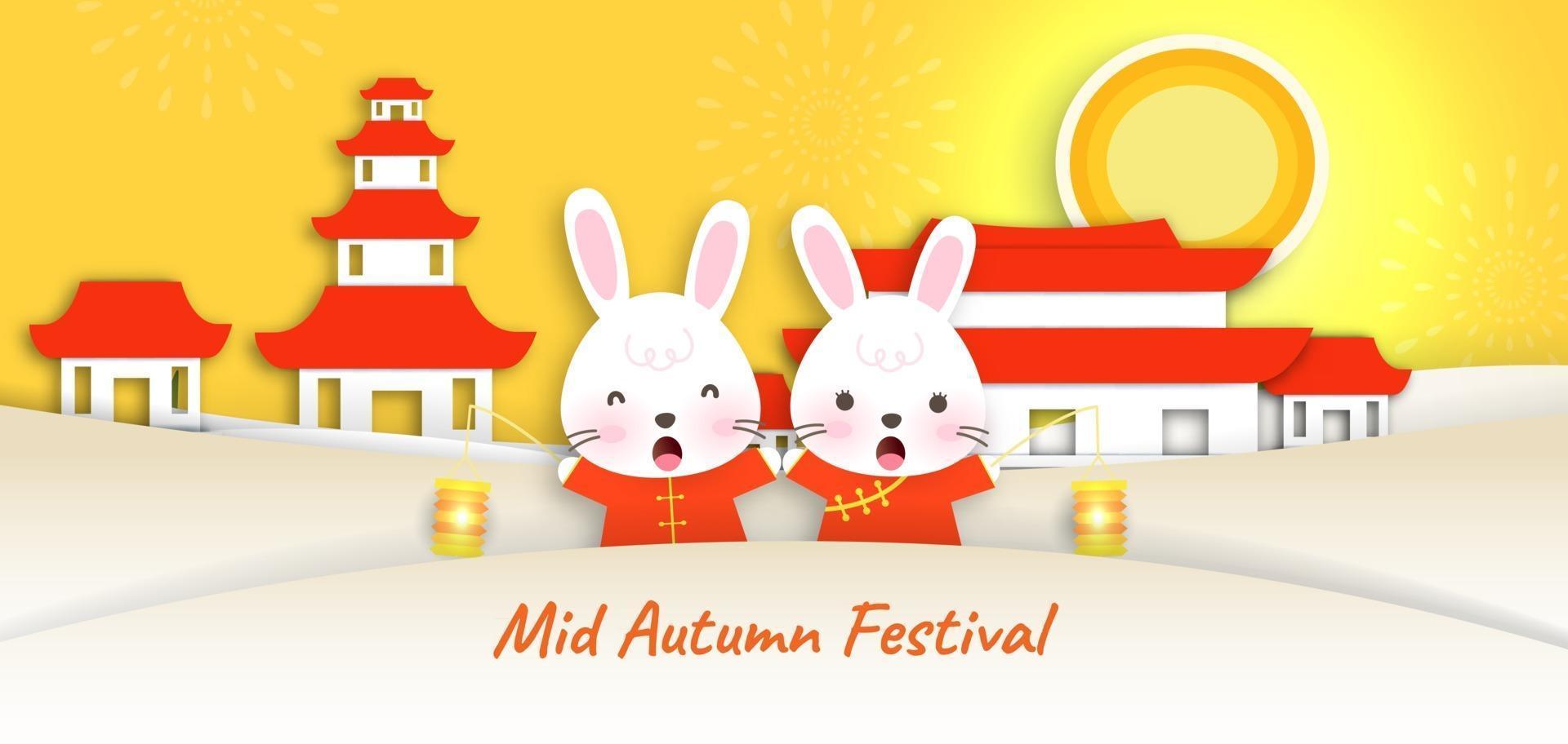 Mid autumn festival banner and card in papercut style vector