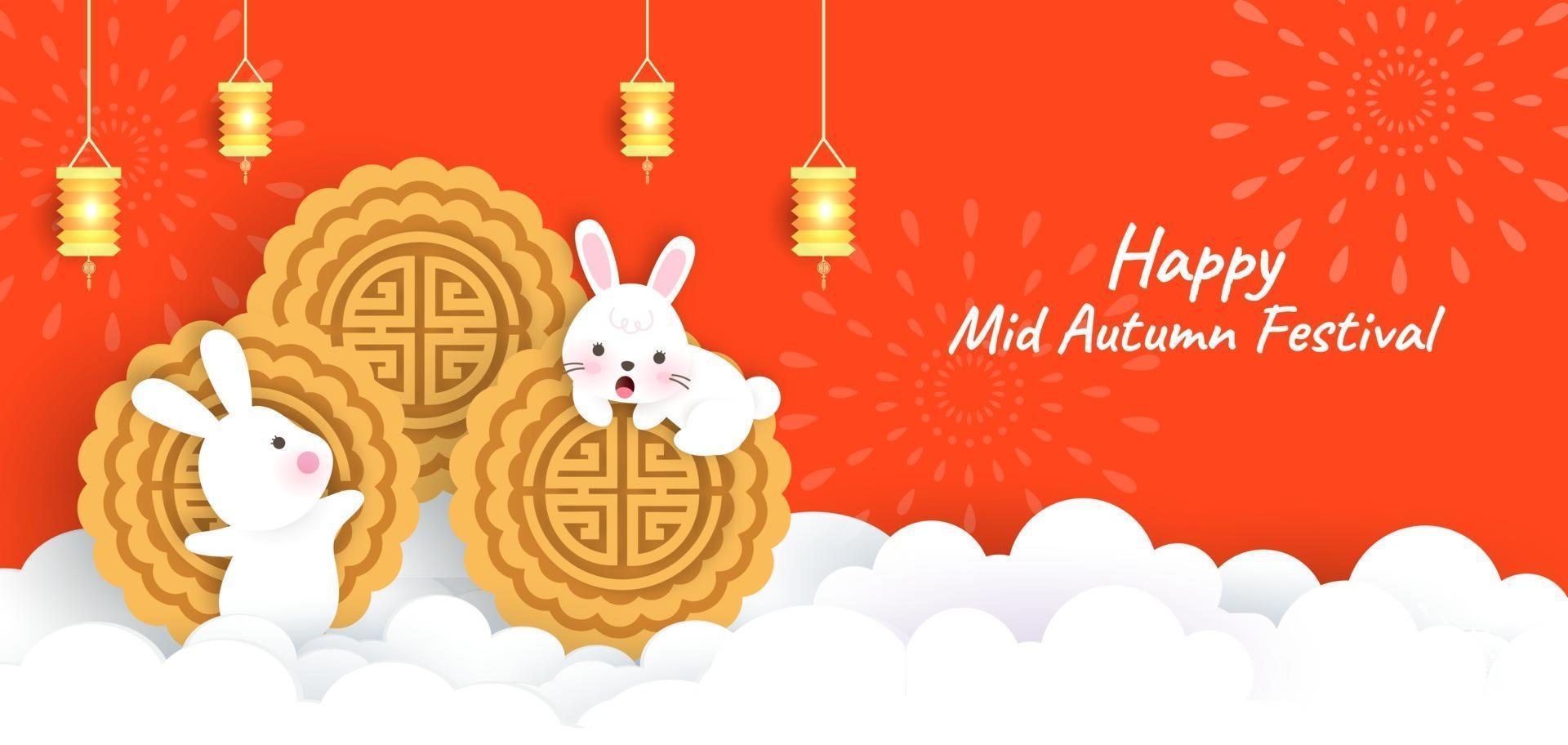 Mid autumn festival banner and card in papercut style vector