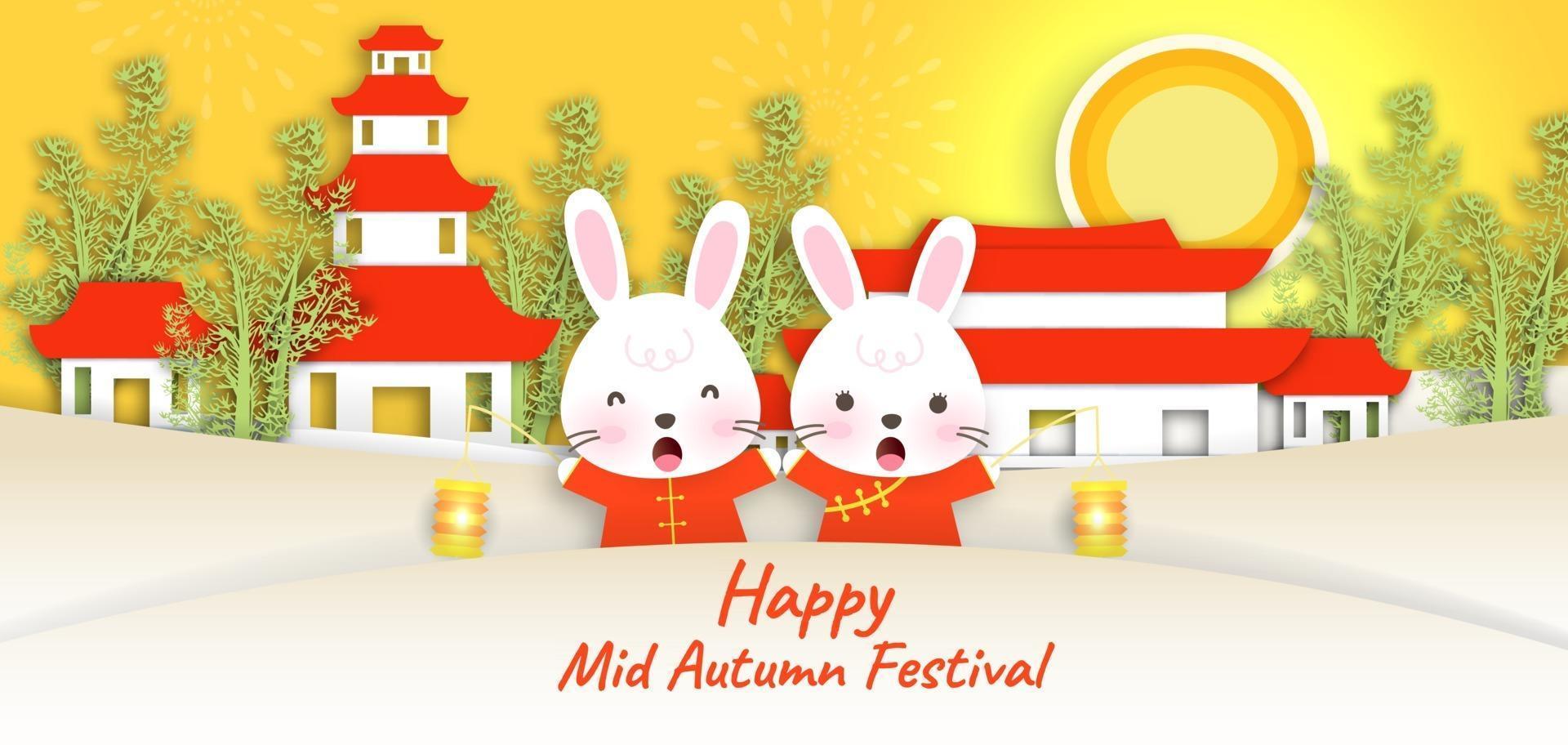 Mid autumn festival banner and card in papercut style vector