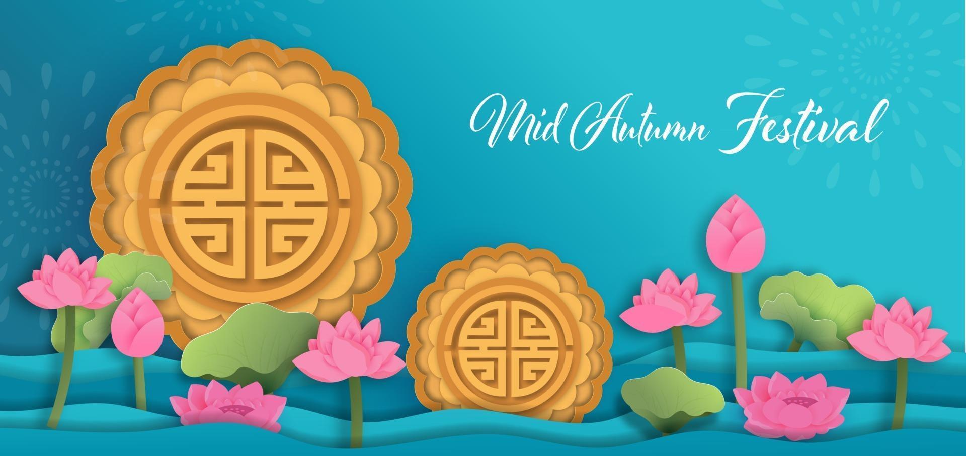 Mid autumn festival banner and card in papercut style vector