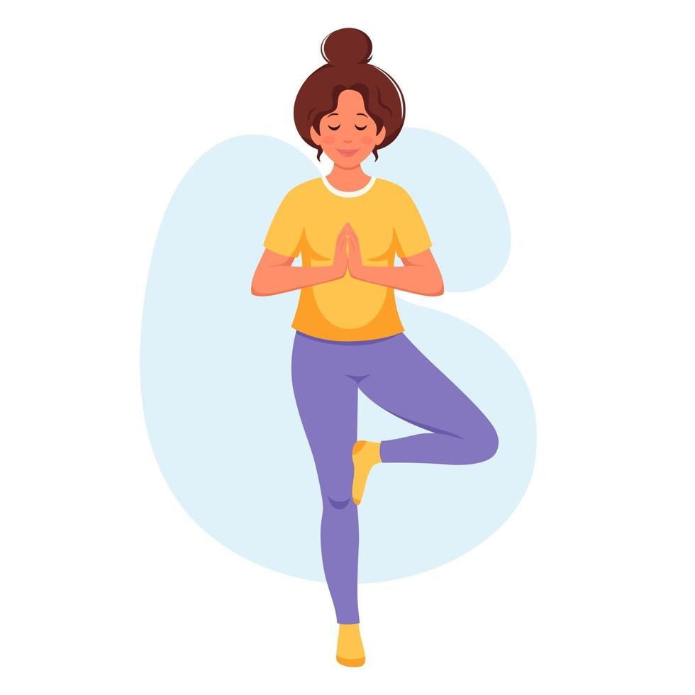 mujer practicando yoga estilo de vida saludable relajarse meditación vector