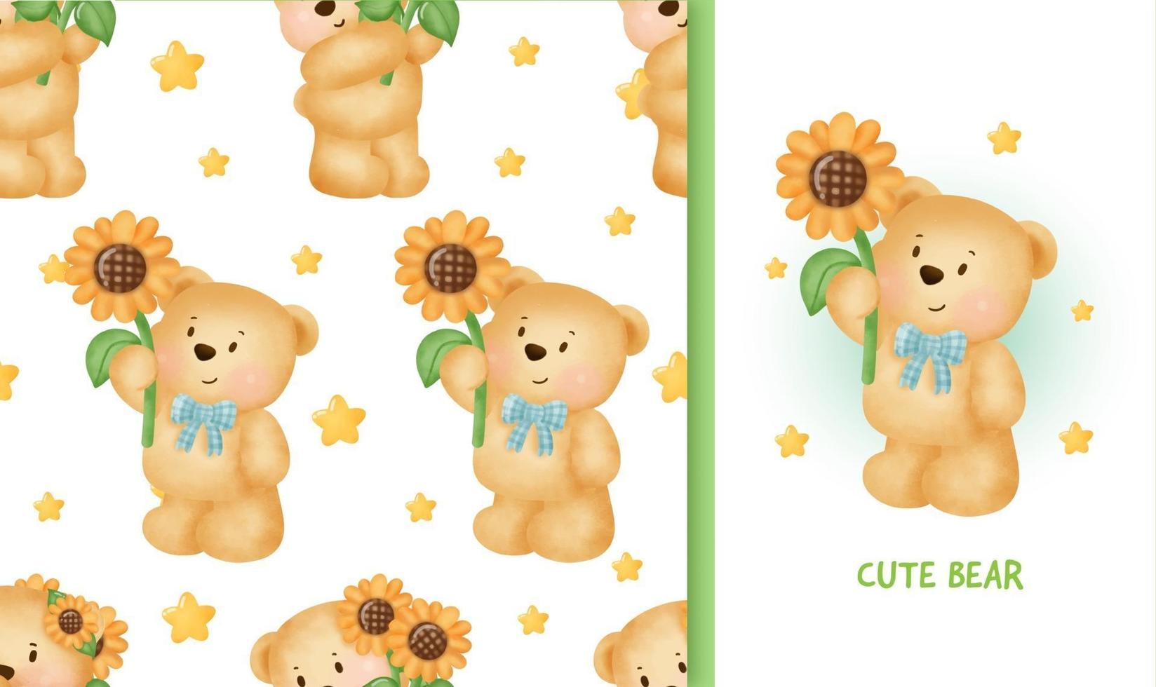 Seamless pattern Birthday greeting card with cute teddy bear holding a sunflower vector