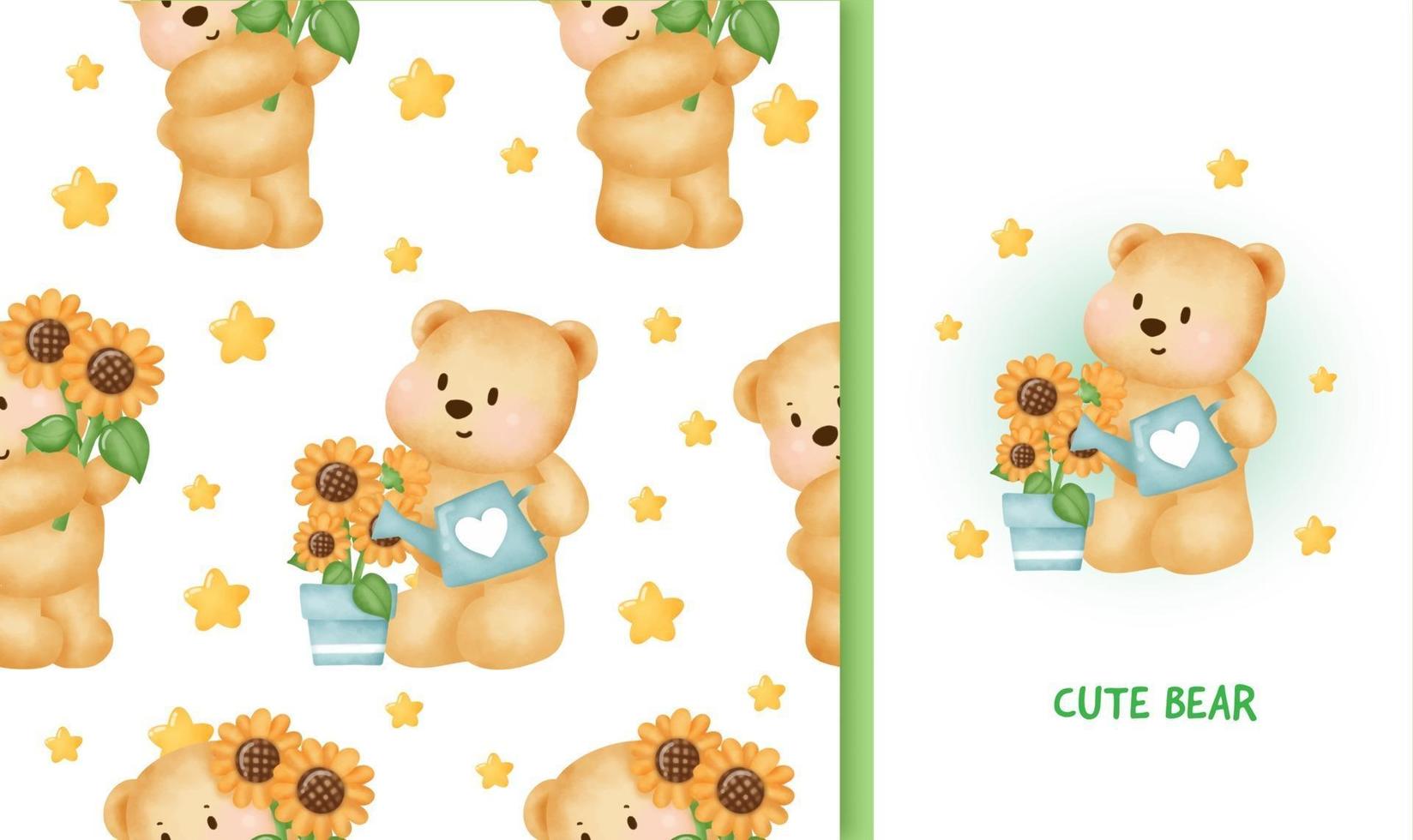Seamless pattern Birthday greeting card with cute teddy bear holding a sunflower vector