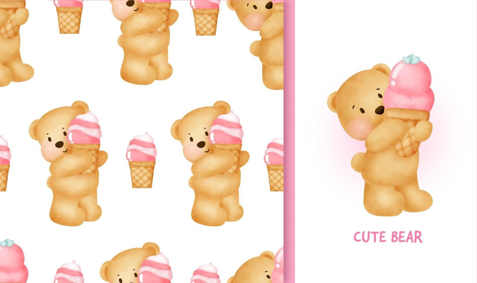 Seamless pattern Birthday greeting card with cute teddy bear holding an ice cream vector