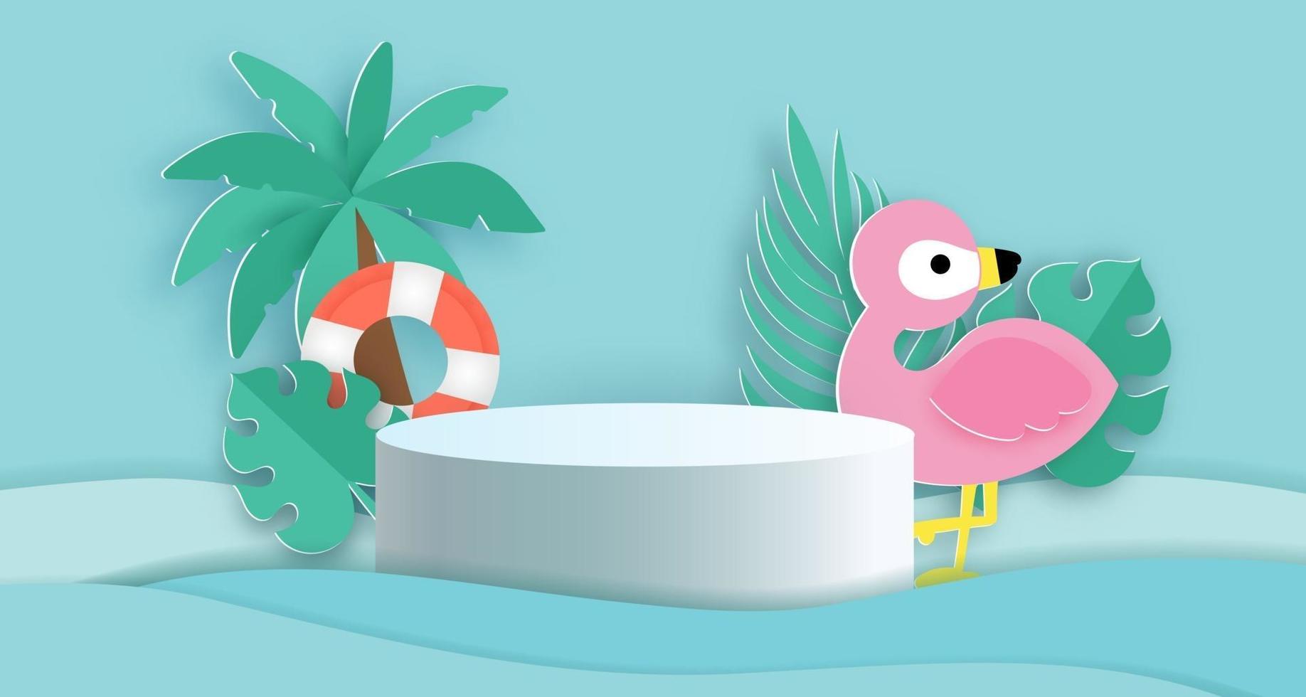 Summer podium for a product with tropical flamingo and summer elements vector