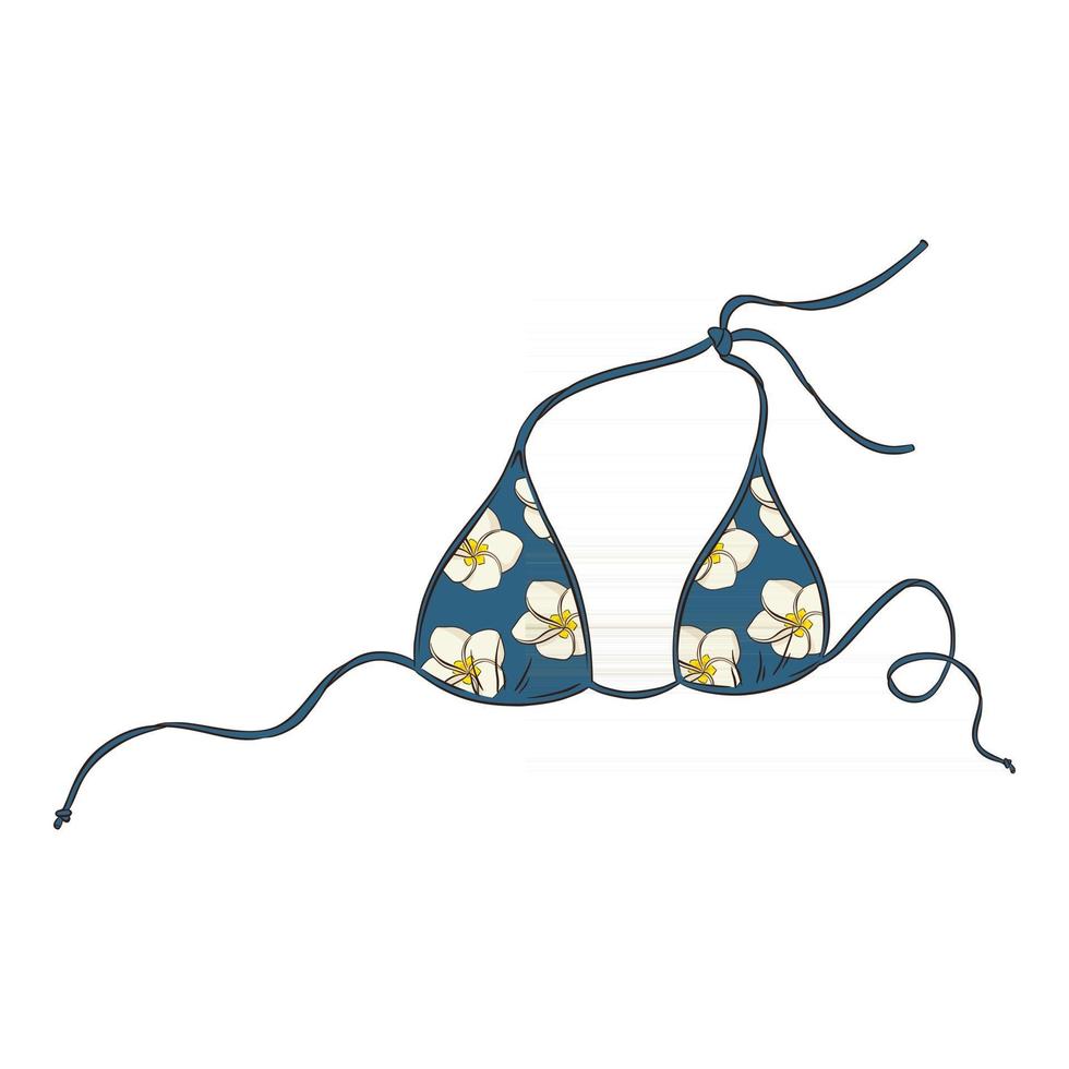 Hand Drawn Blue Bikini Top with Plumeria Flower Pattern vector