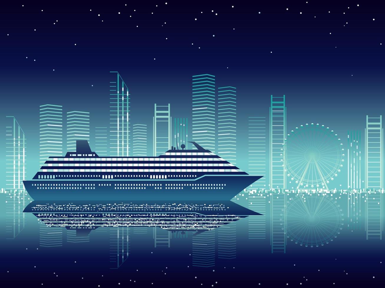 Cruise Liner And Cityscape At Night With Text Space vector