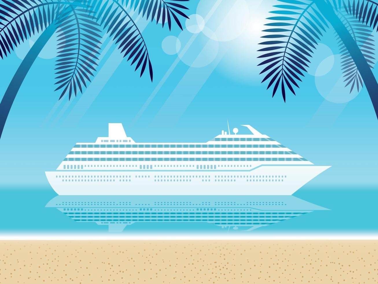 Luxury Cruise Ship And Tropical Beach With Palm Trees vector