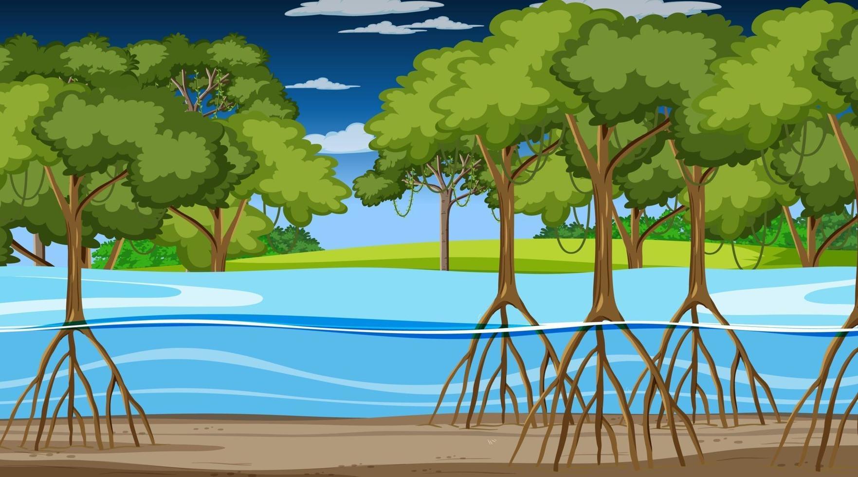 Nature scene with Mangrove forest at night in cartoon style vector