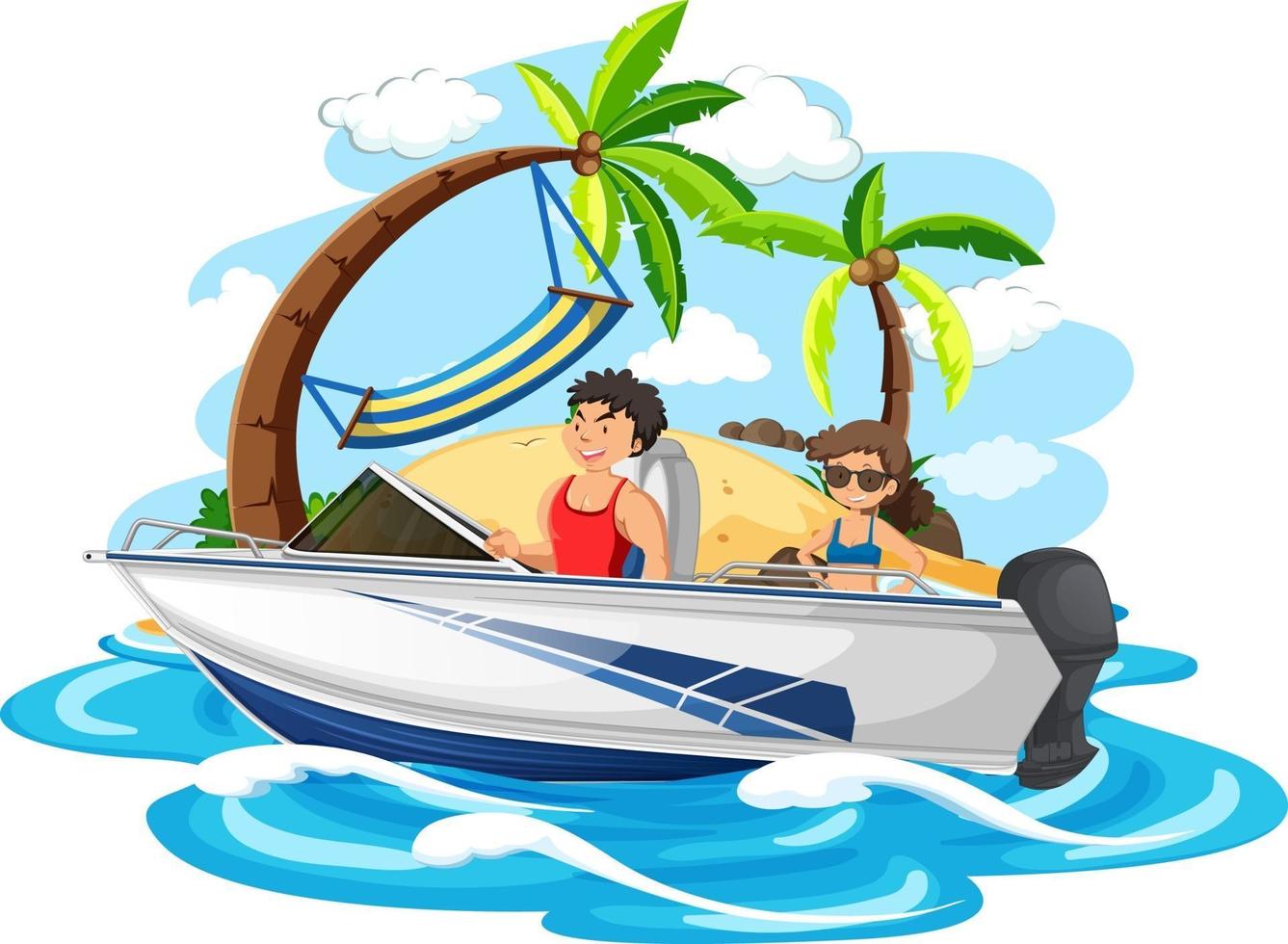 A couple standing on a speed boat on white background vector