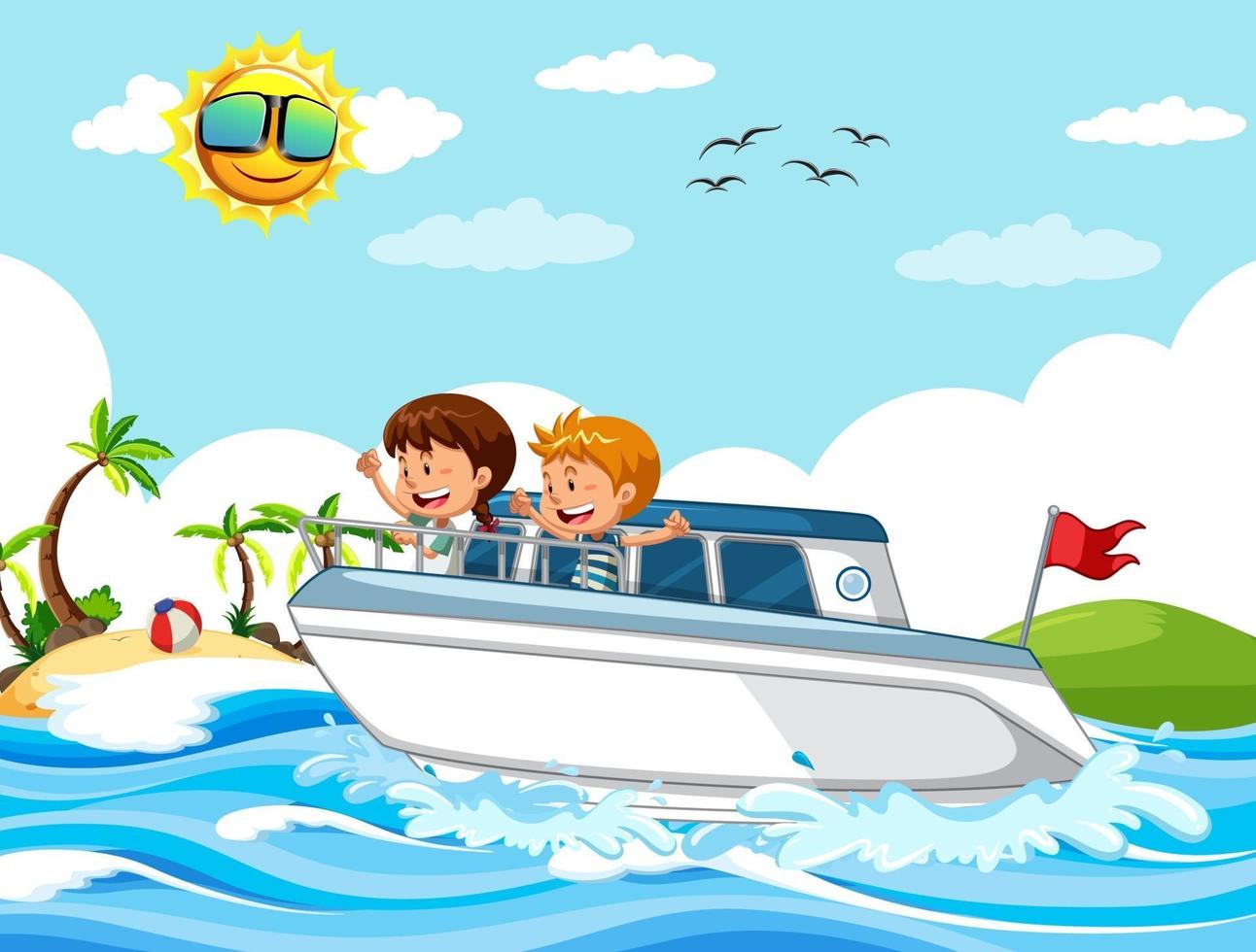 Escena de playa con niños en una lancha rápida. vector