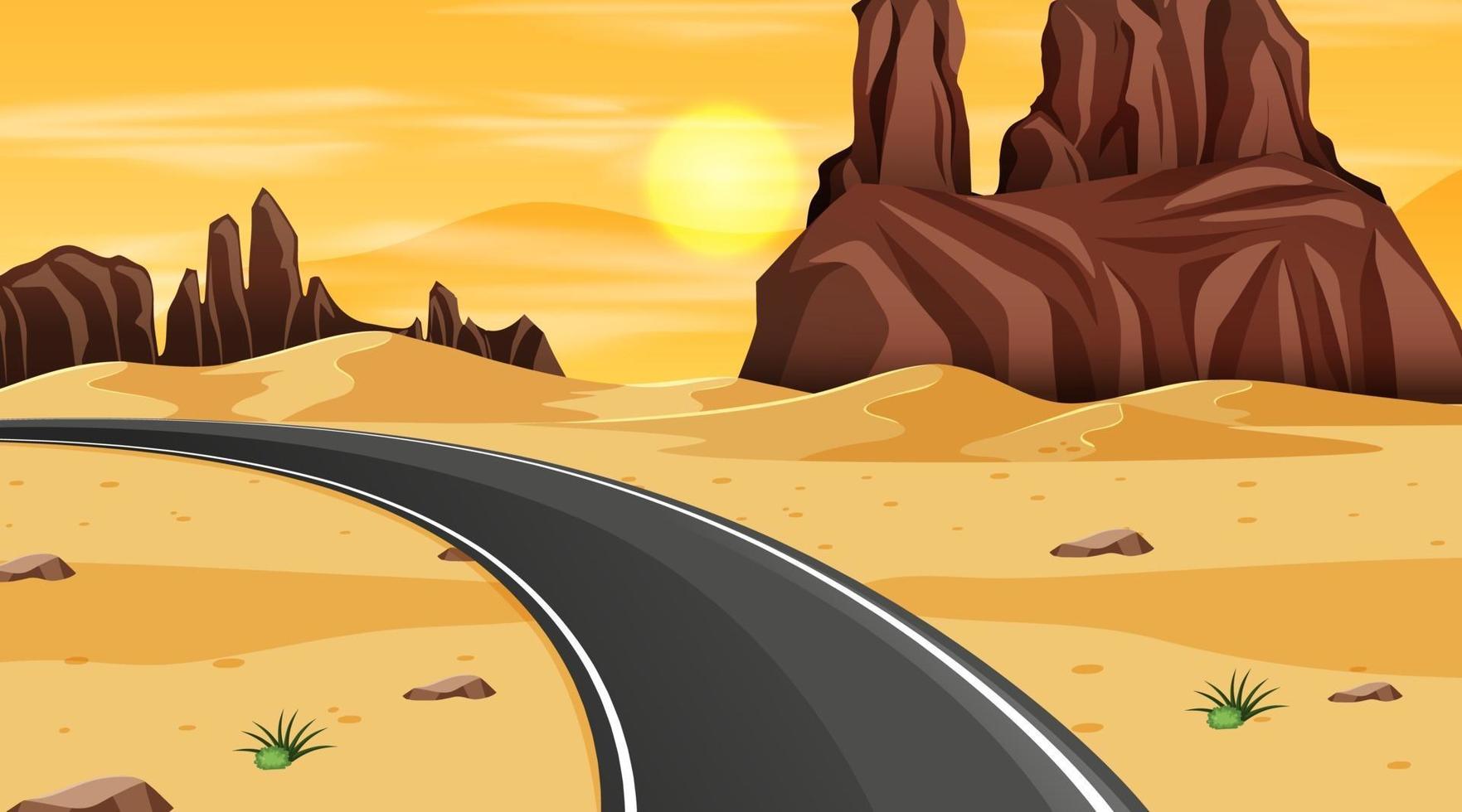 Desert forest landscape at night scene with long road vector