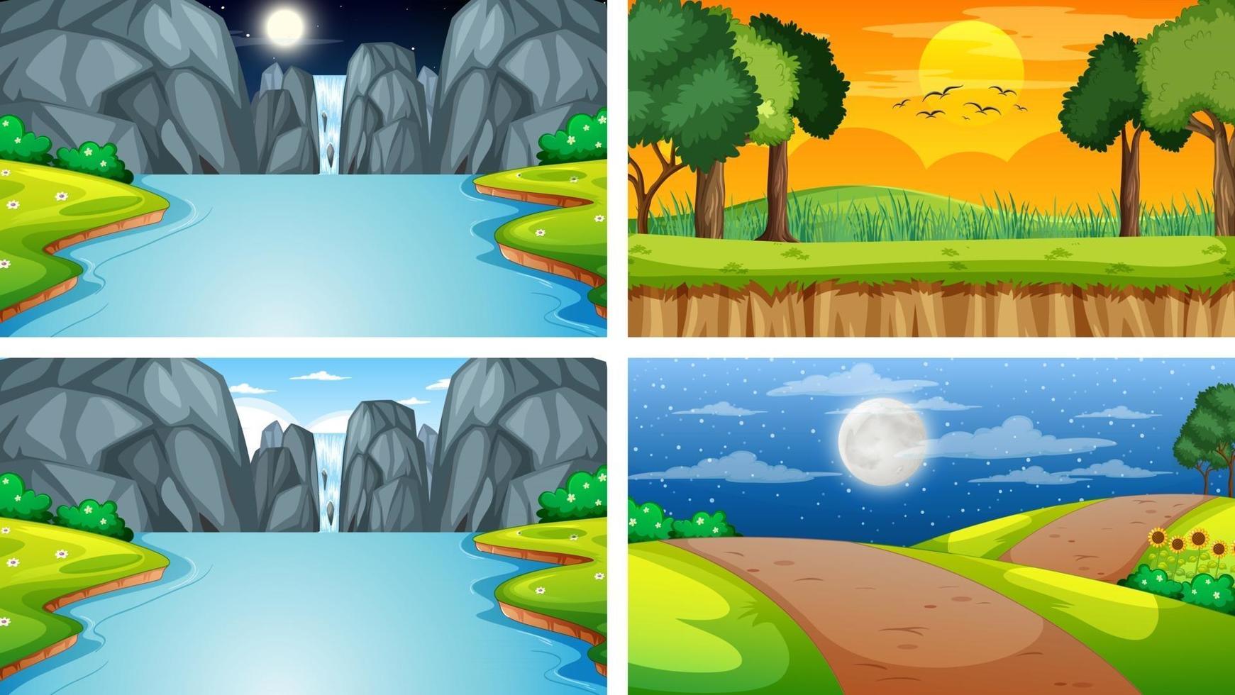 cuatro escenas diferentes de parque natural y bosque. vector