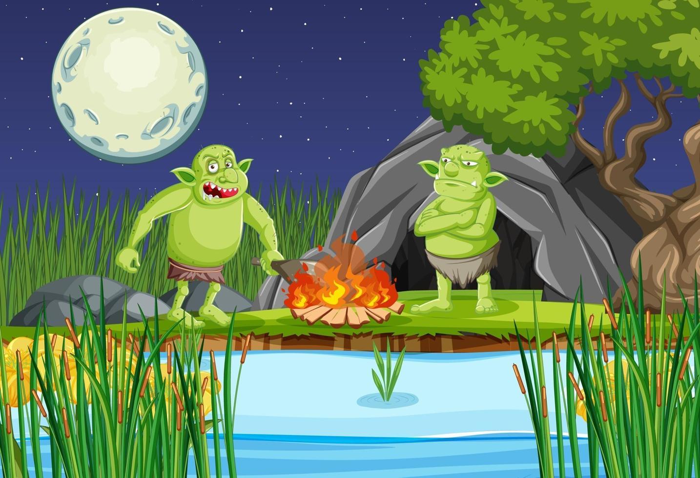 Night scene with goblin or troll cartoon character vector