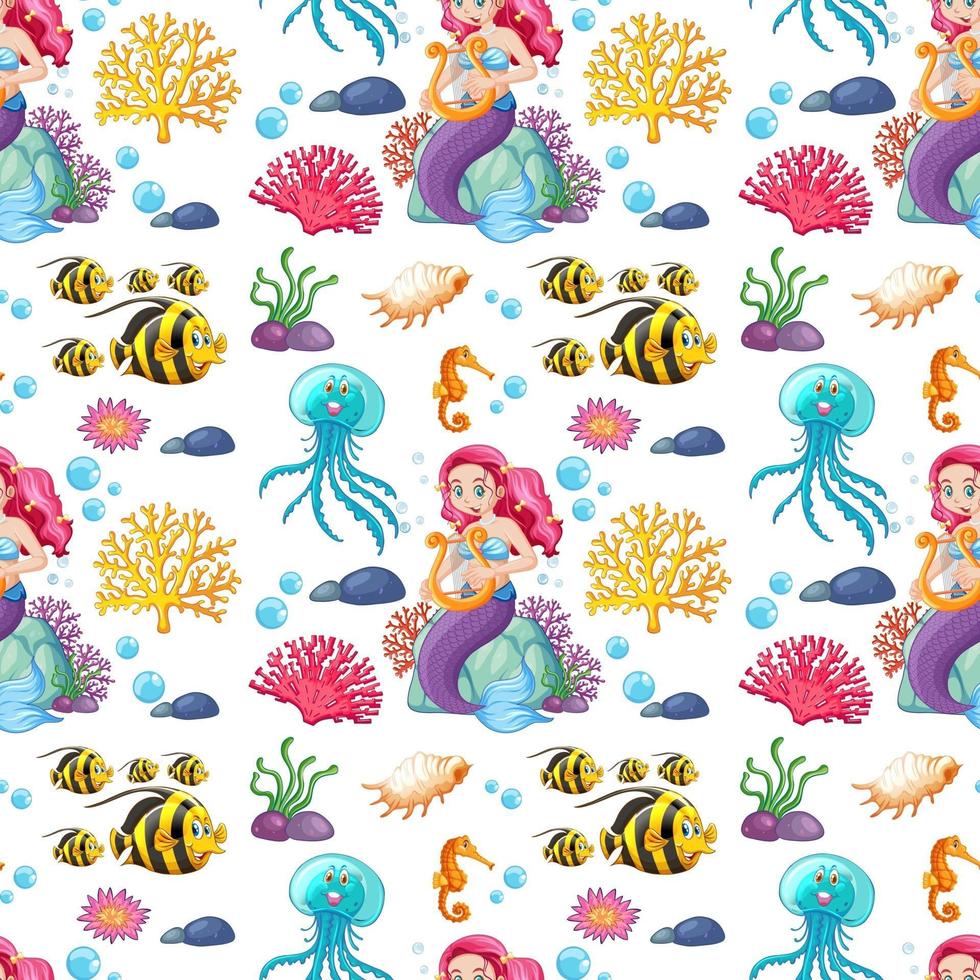 Seamless pattern with mermaid and undersea elements vector