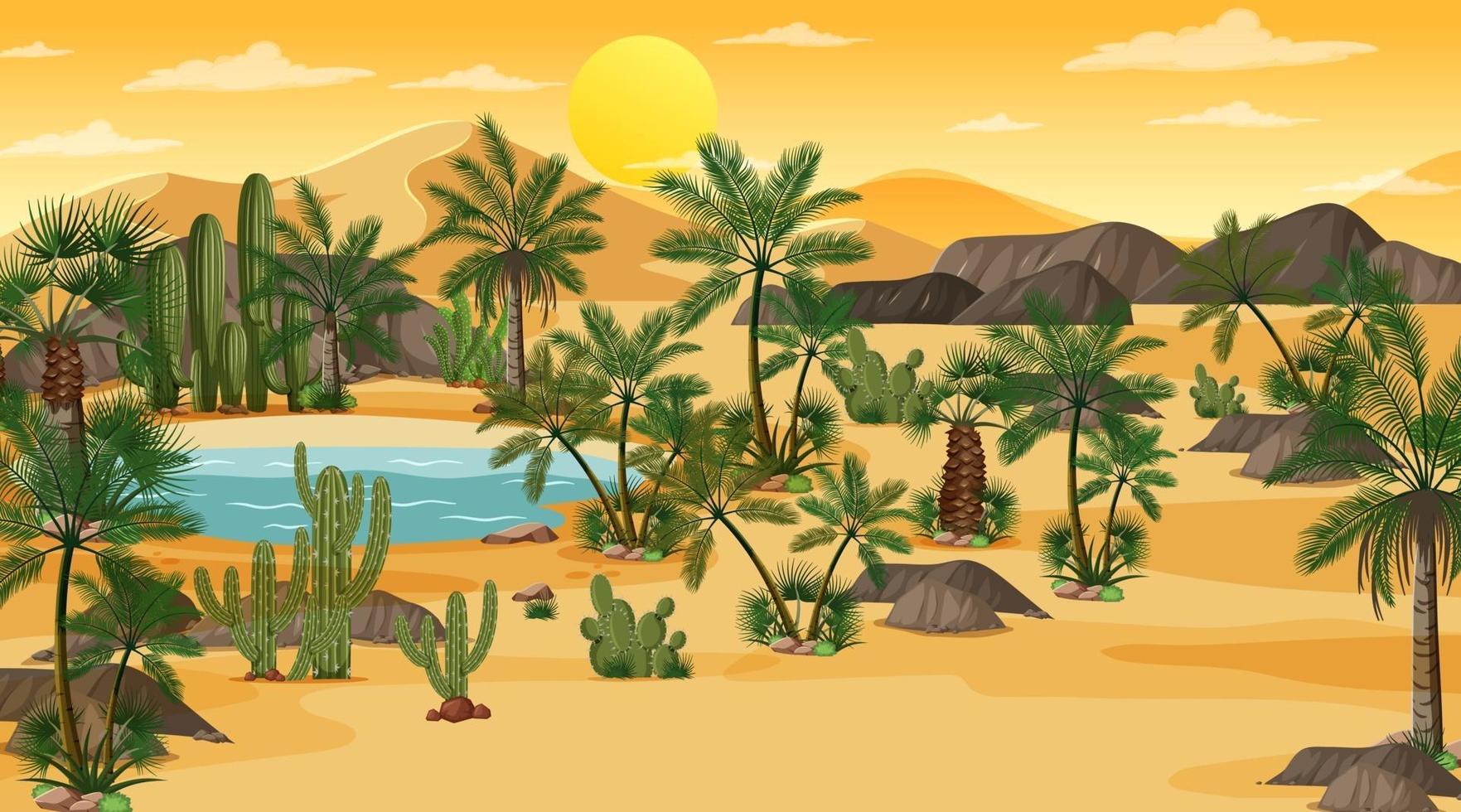 Desert forest landscape at sunset scene with oasis vector