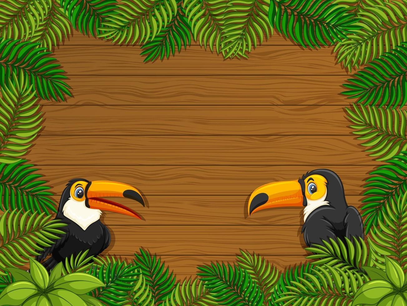 Empty banner with tropical leaves frame and toucan cartoon character vector