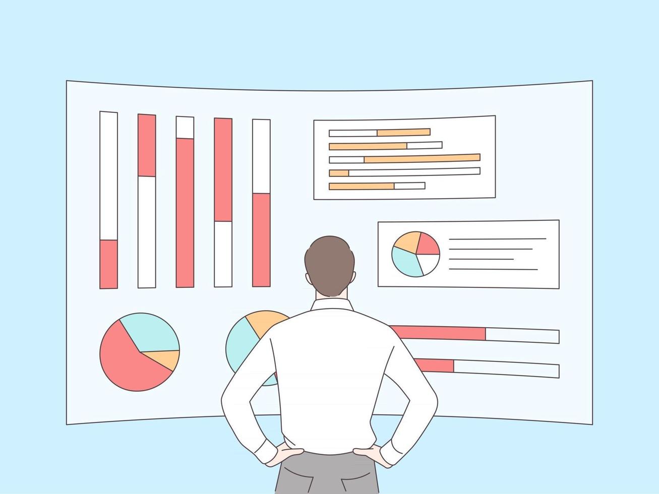 Estadísticas de negocios y finanzas concepto empresario analistas en gráficos holográficos y diagramas de estadísticas de gestión de ventas e informes operativos vector