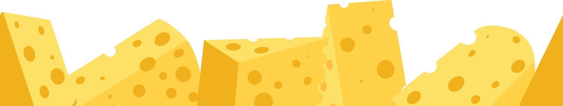 Cheese seamless border. Pieces of yellow cheese, isolated on a white background. Pieces of cheese of different shapes. Vector illustration