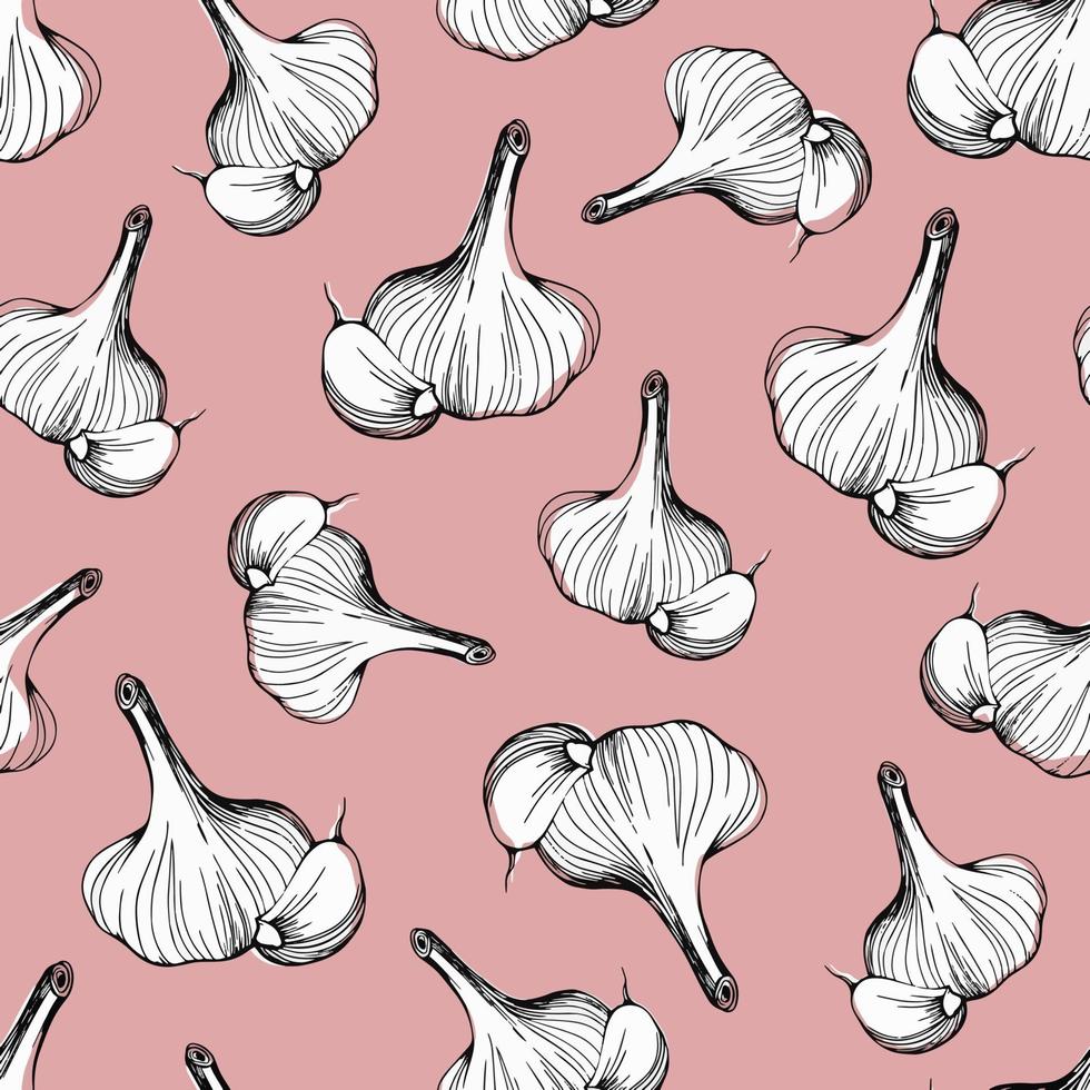 Beautiful seamless pattern of garlic on a pink background drawn by hand.A simple pattern of garlic. Vector stock illustration