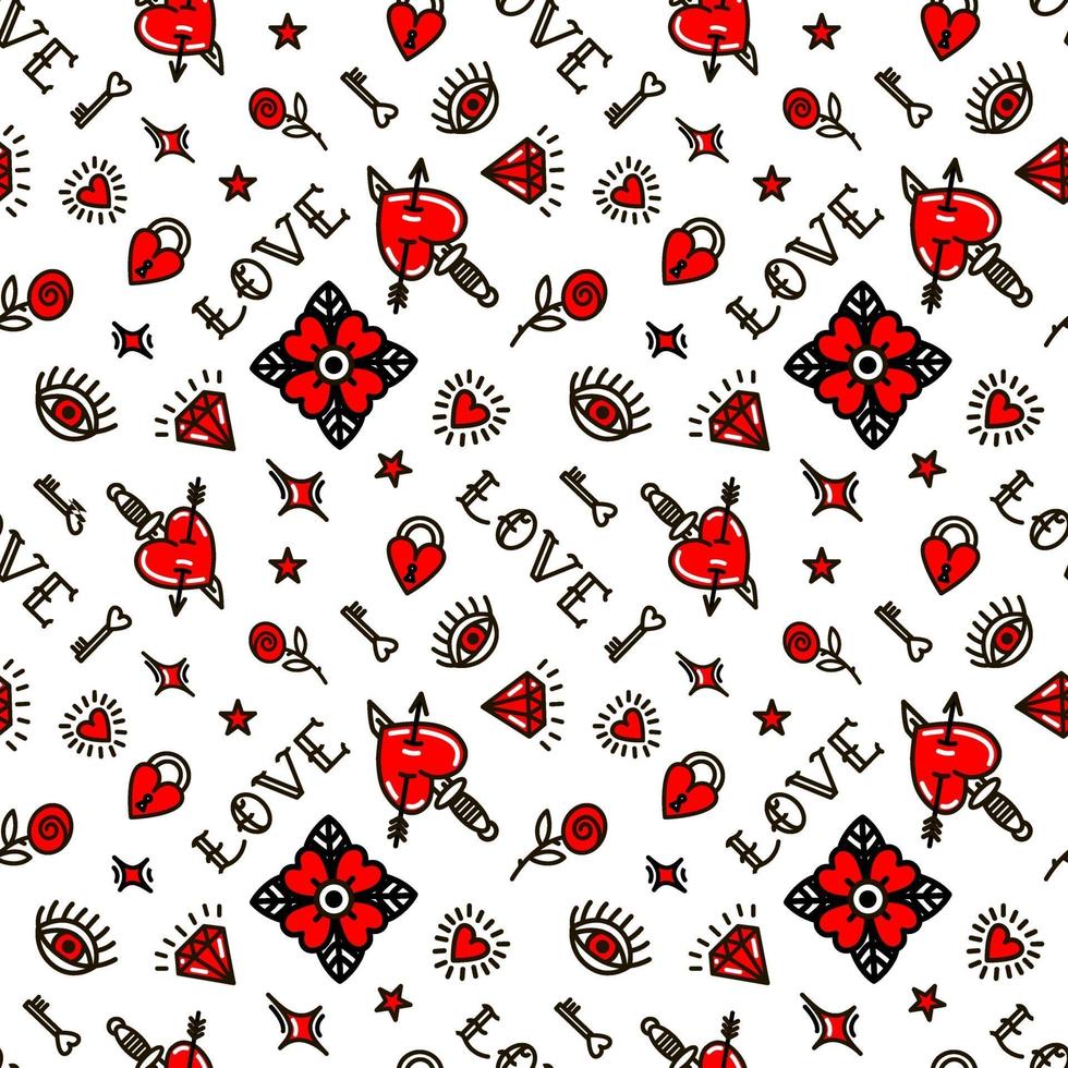 Valentines Day in old school style seamless pattern. Vector illustration. Design For Valentines Day, Stilts, Wrapping Paper, Packaging, Textiles