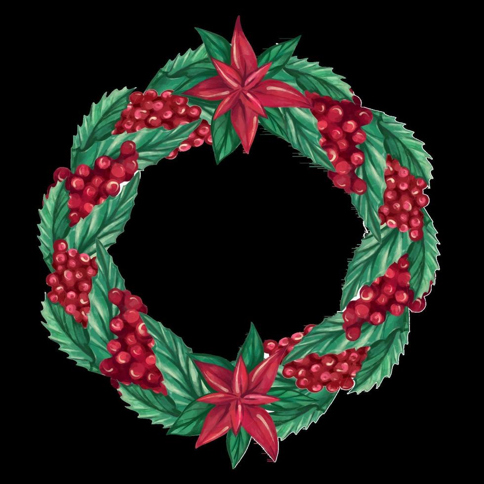 Elegant round Christmas wreath made of cranberry berries, twigs and Poinsettia flowers. Festive watercolor wreath. vector illustration