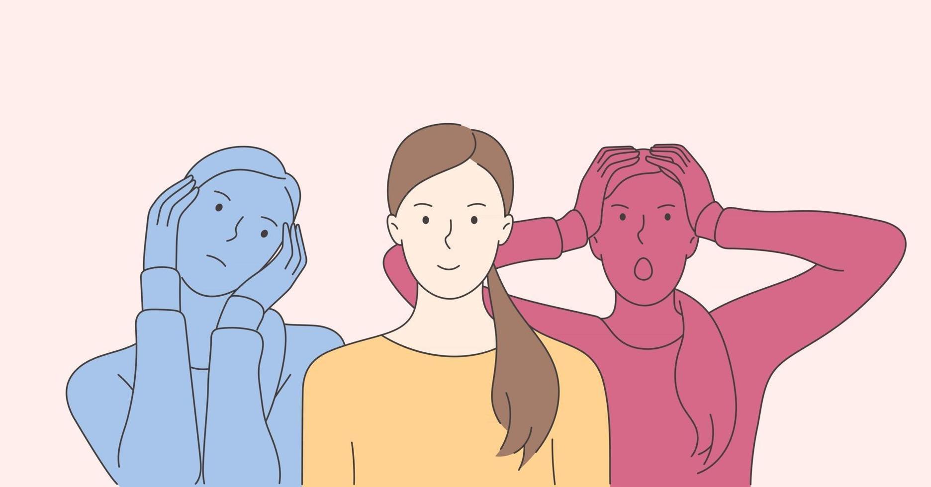 personaje de dibujos animados de mujer joven con trastorno bipolar o trastorno límite de la personalidad vector