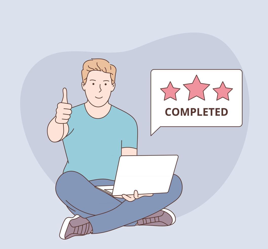 Happy man with laptop completed task show thumbs up vector