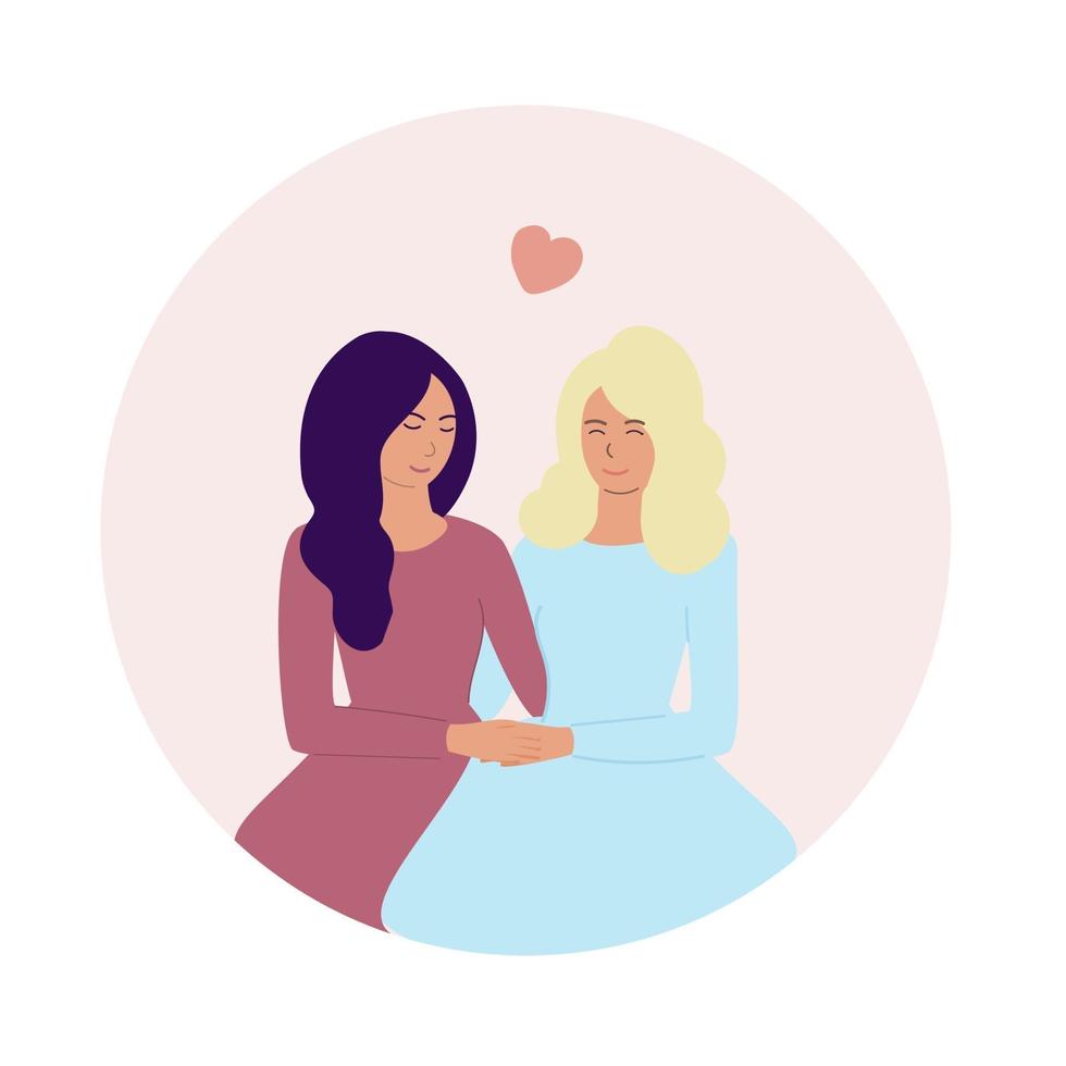 Pareja de lesbianas Recién casados lesbianas tomados de la mano. el concepto de lgbt, amor e igualdad. diseño para el día de san valentín, boda, tarjetas de felicitación. ilustración de dibujos animados de vector