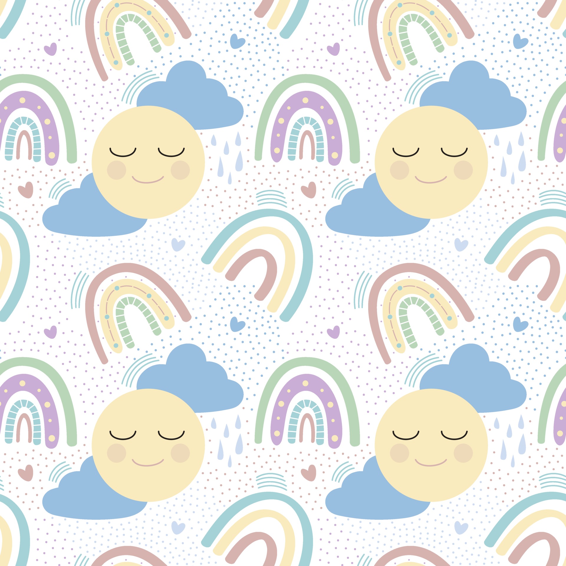 Rainbow with clouds, sun and hearts seamless pattern. Delicate ...