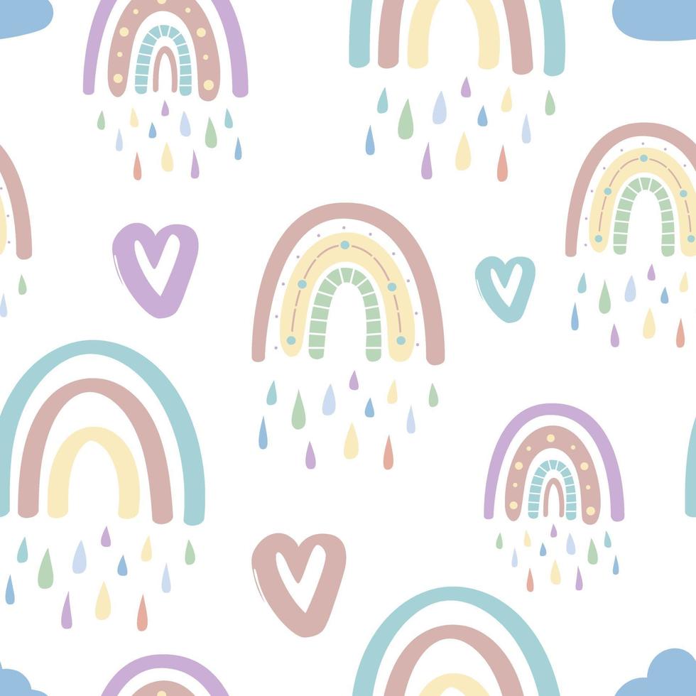 Cute rainbow and hearts seamless pattern. Romantic pattern for Valentines Day.Creative childrens illustration in a fashionable Scandinavian style. Vector illustration