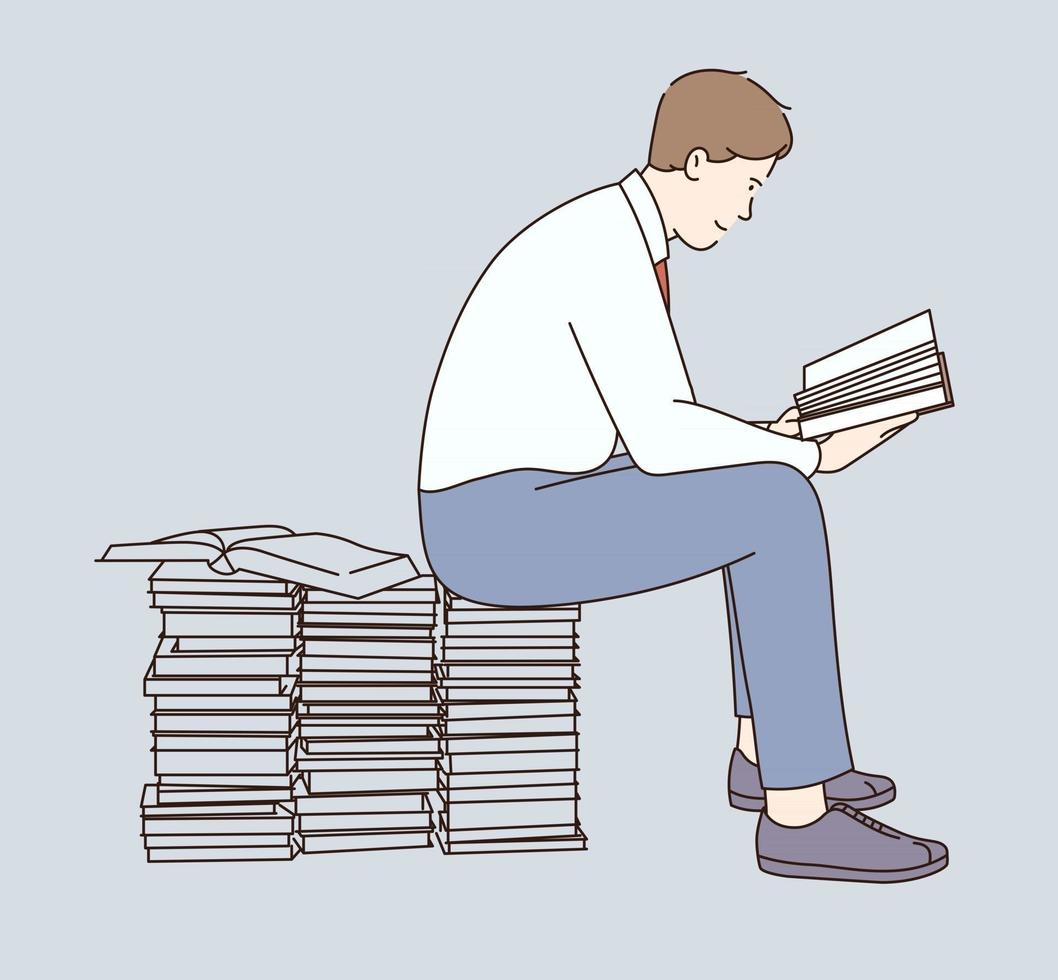 Young man cartoon character sitting on stacks of books with book in hands and reading vector