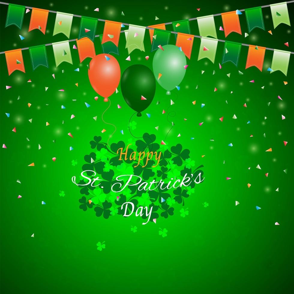 Green shamrock with bunting balloon and confetti vector