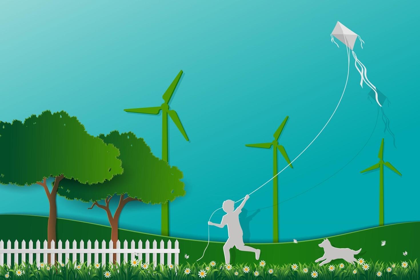Happy child playing kite in the meadow with dog concept of love the earth save nature and environment vector