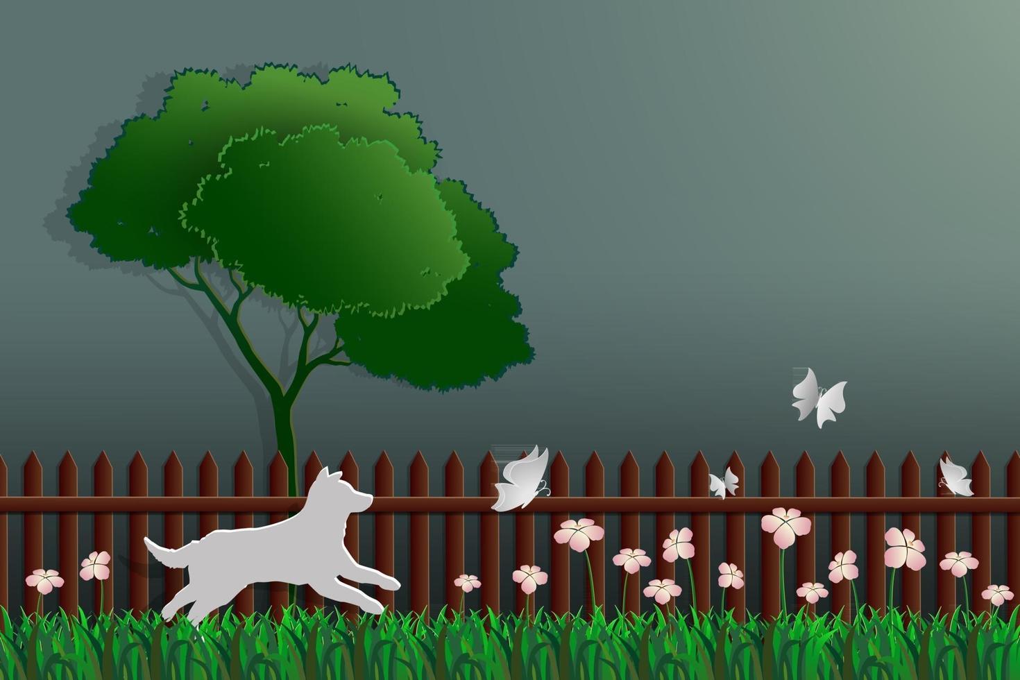 Paper art concept of nature dog catching butterfly in the garden vector