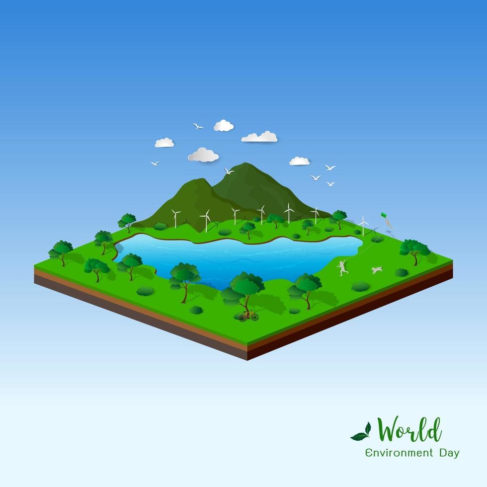 Concept of isometric landscape with nature and eco friendly save the world and environment vector