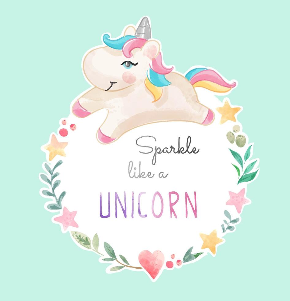 lindo unicornio en colorida ilustración de marco de estrella y corazón vector