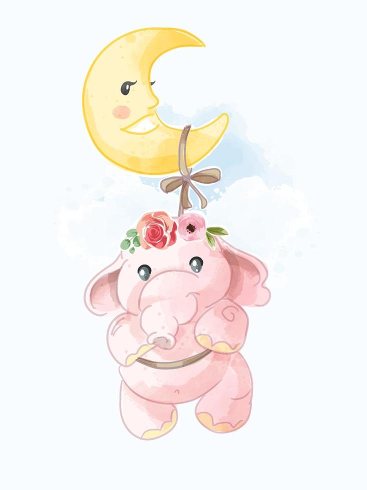 Cute Pink Elephant Hanging on the Moon Illustration vector
