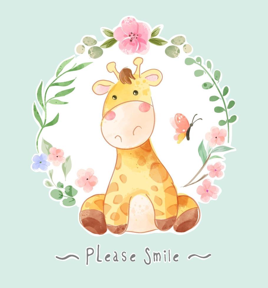 Cartoon Giraffe and Butterfly in floral Frame Illustration vector