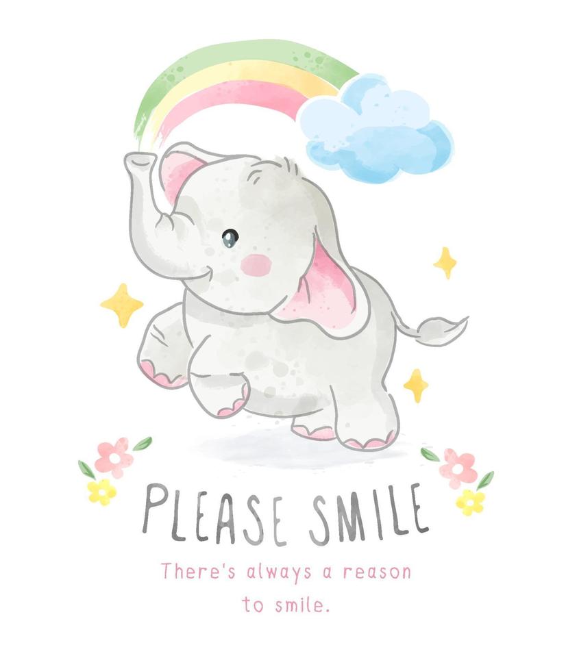 por favor, sonríe lema con pequeño elefante y arco iris ilustración vector