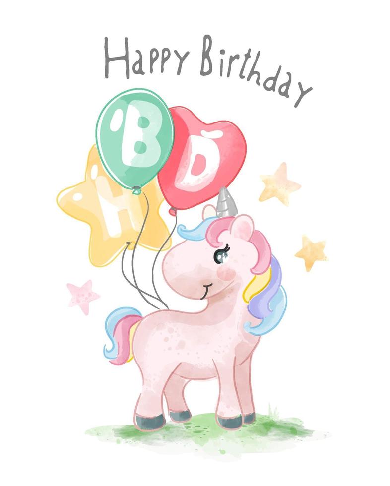 lema de feliz cumpleaños con lindo animal y globos de colores ilustración vector