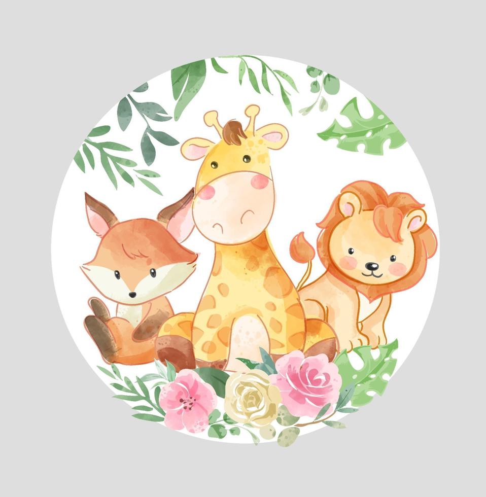 Lindos animales salvajes y flores en forma de círculo ilustración vector