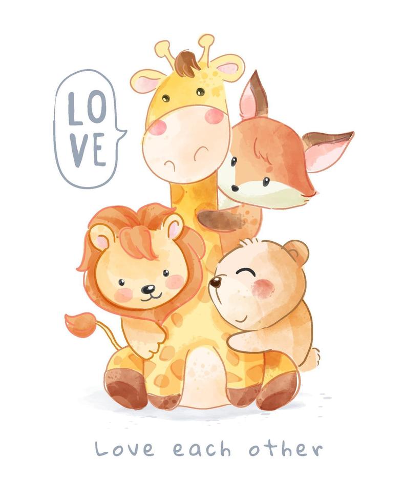 Lovely Animals Hugging Each Other Cartoon Illustration vector