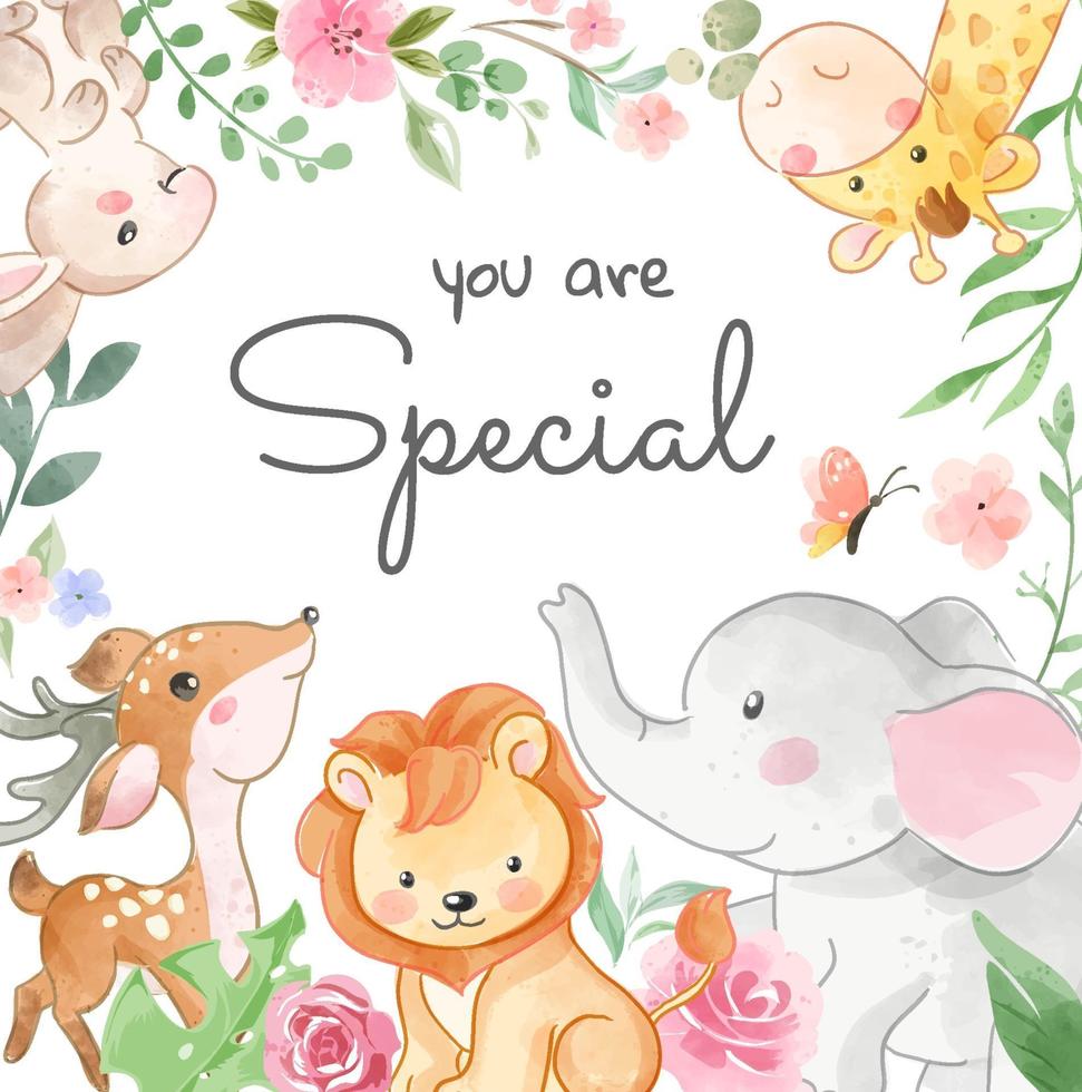 Cute Wild  Animals and Colorful Flowers in Square Frame Illustration vector