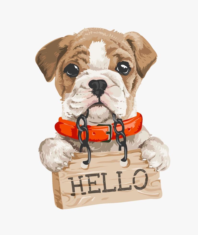 little puppy with hello wood sign illustration vector