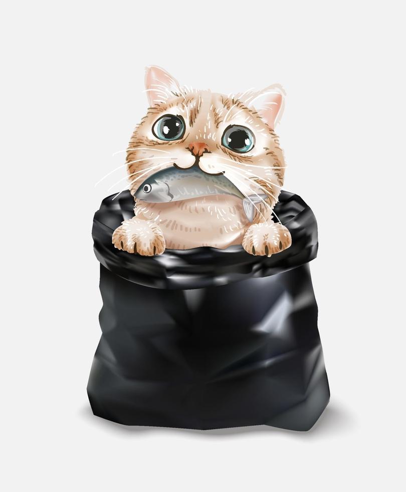 lindo gato encontrando peces en ilustración de bolsa de basura negra vector