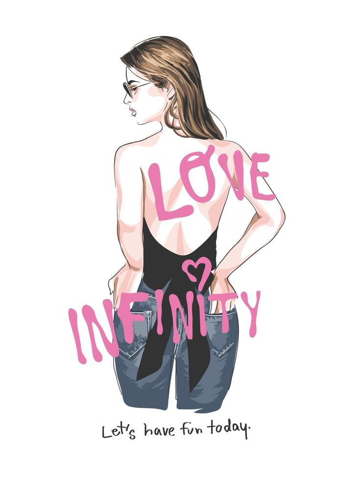 lema de amor infinito en niña en ilustración de estilo de moda vector